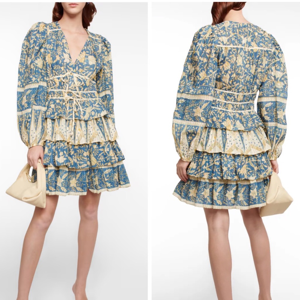 •ULLA JOHNSON• Nina Blue Floral-Print Long Sleeve Ruffled‎ Mini Dress Size 2